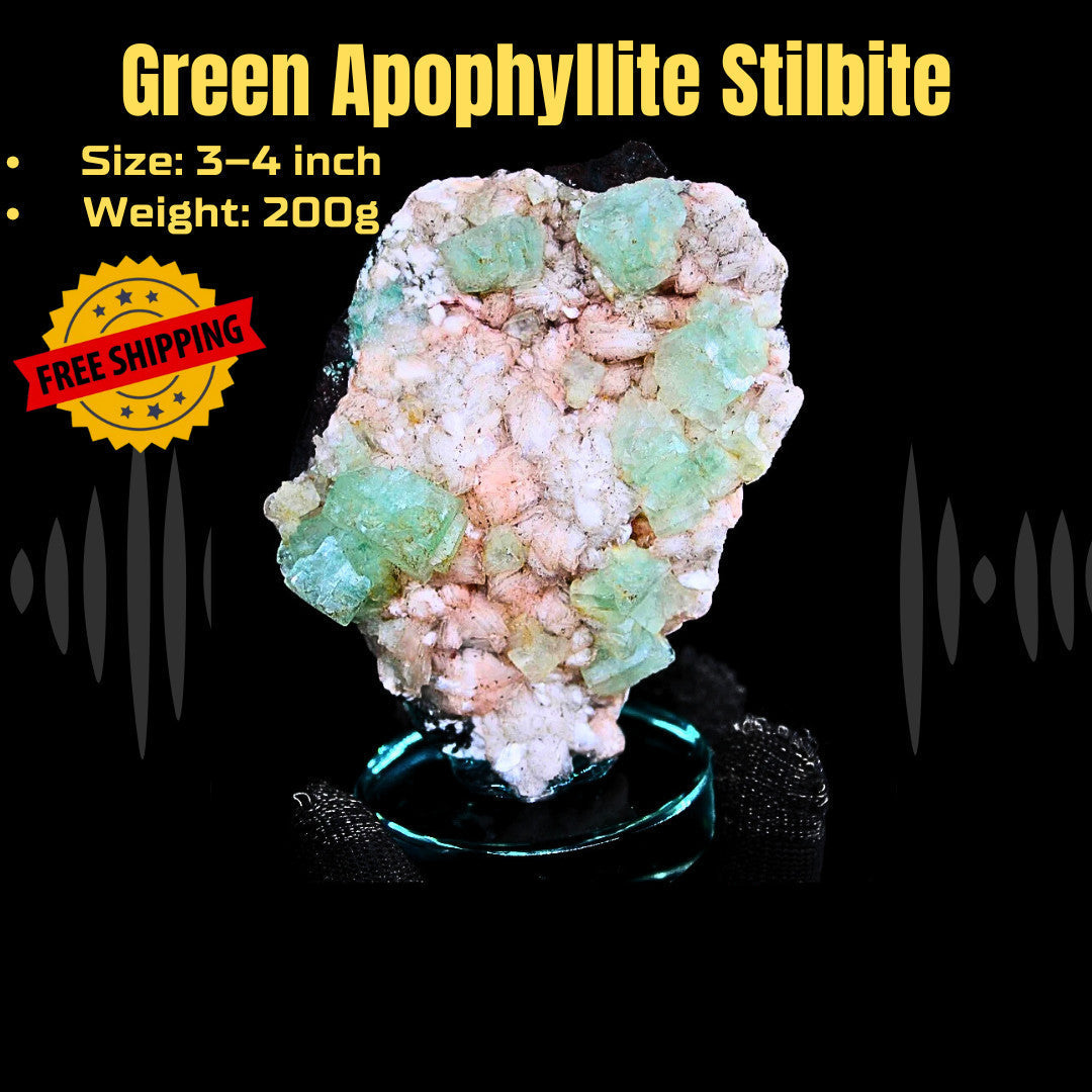 Green Apophyllite Cube on Stilbite 230g Natural Crystal Mineral Specimen India