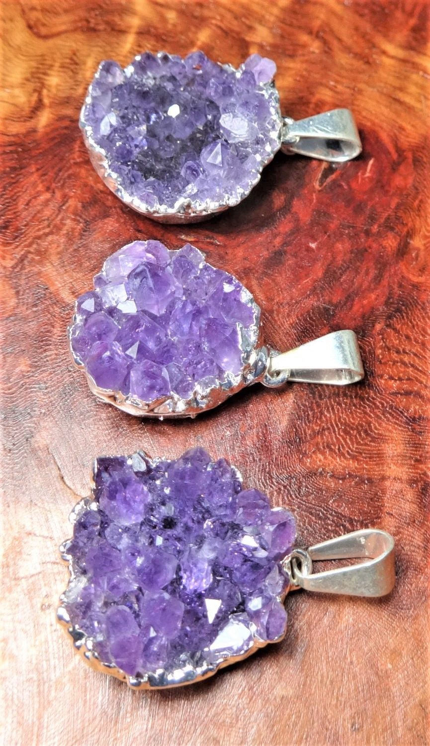 Amethyst Druzy Crystal Pendant (Silver Plated Edges) Petite Purple Jewelry Charm