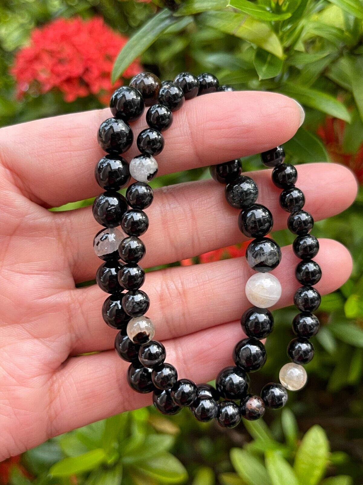 Grade A++Black Tourmaline Quartz Crystal Bead Bracelet,Genuine Gemstone Bracelet