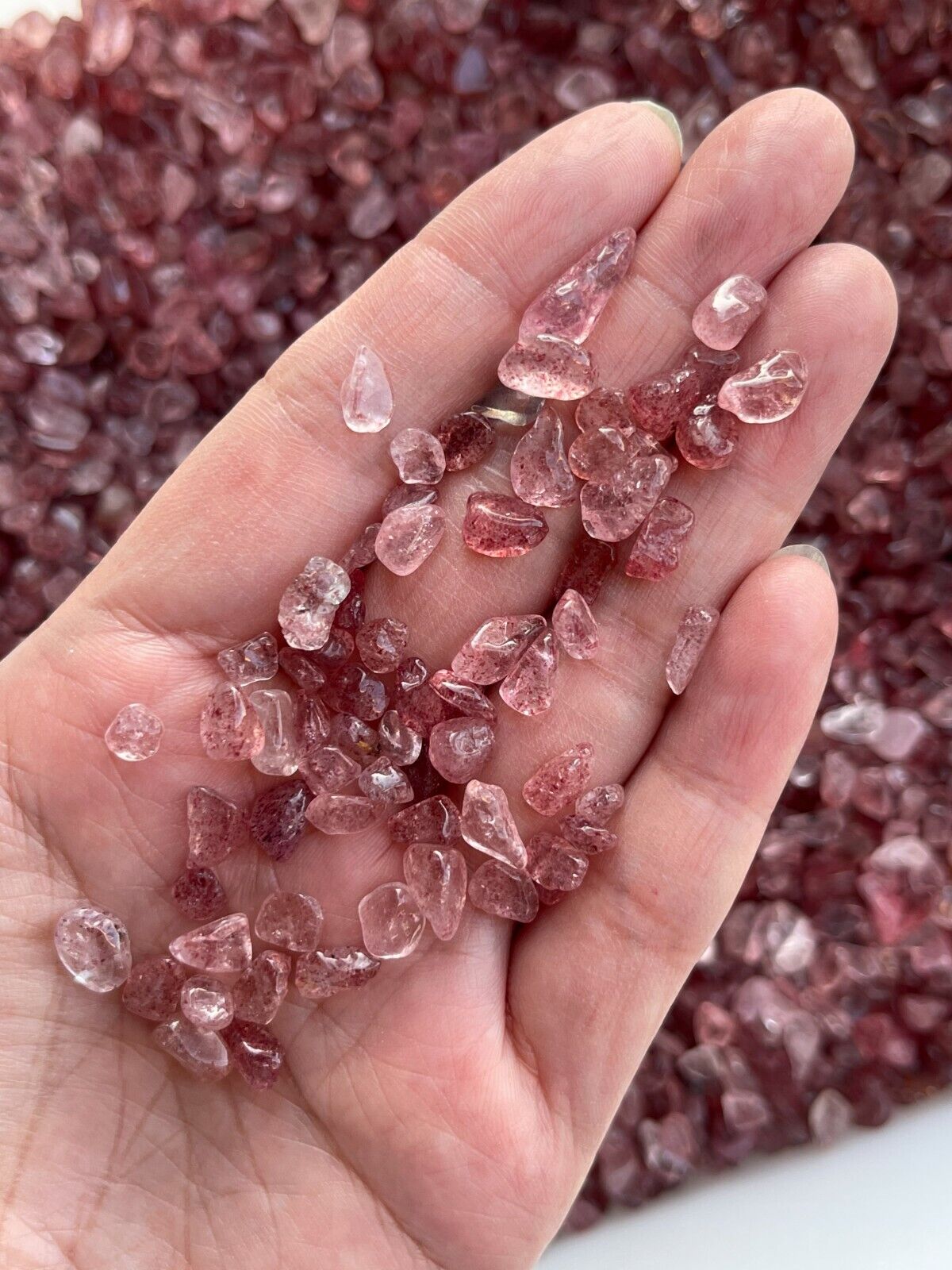 Grade A++ Strawberry Quartz Semi Tumbled Gemstone Mini Chips 4 - 8 mm, Bulk Lot