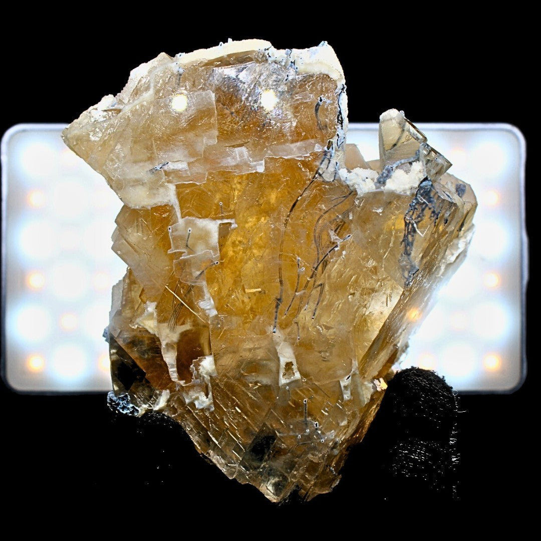 580g Calcite with Rainbow Inclusions & Mordenite Geode India 9x8.5cm