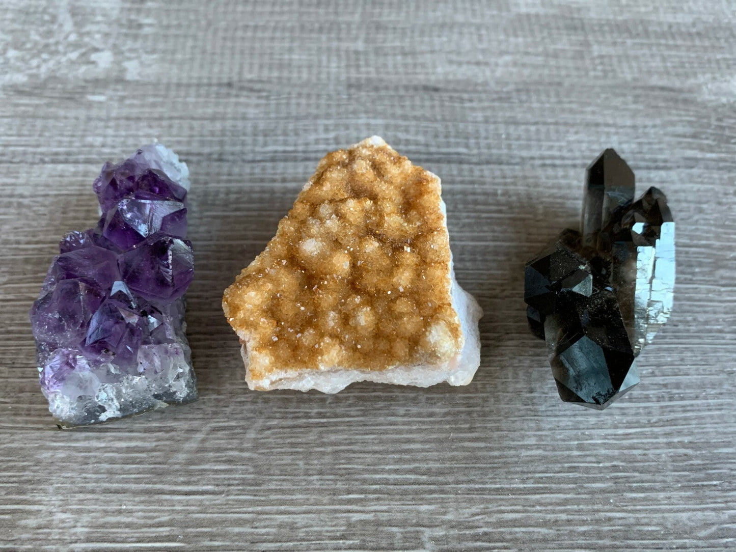 3 Piece Healing Crystal: Citrine, Amethyst &Smoky Quartz Crystal Clusters Geodes