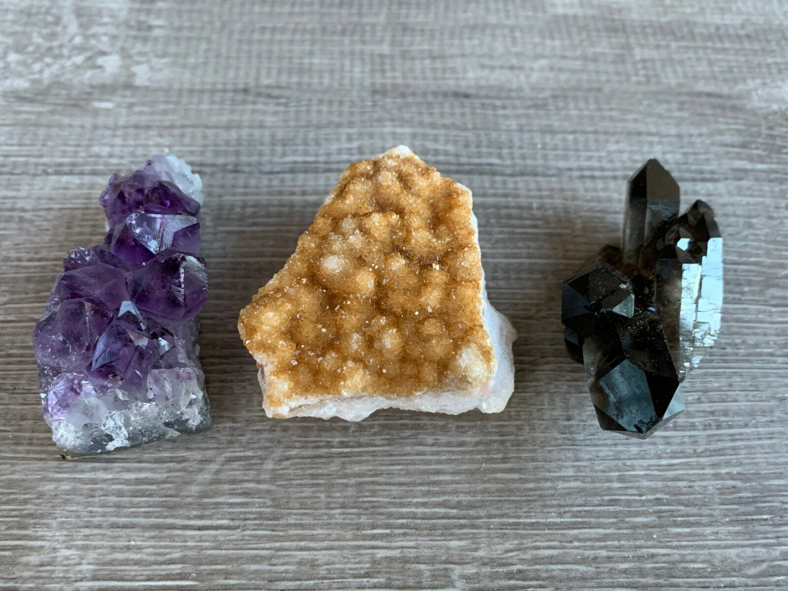 3 Piece Healing Crystal: Citrine, Amethyst &Smoky Quartz Crystal Clusters Geodes