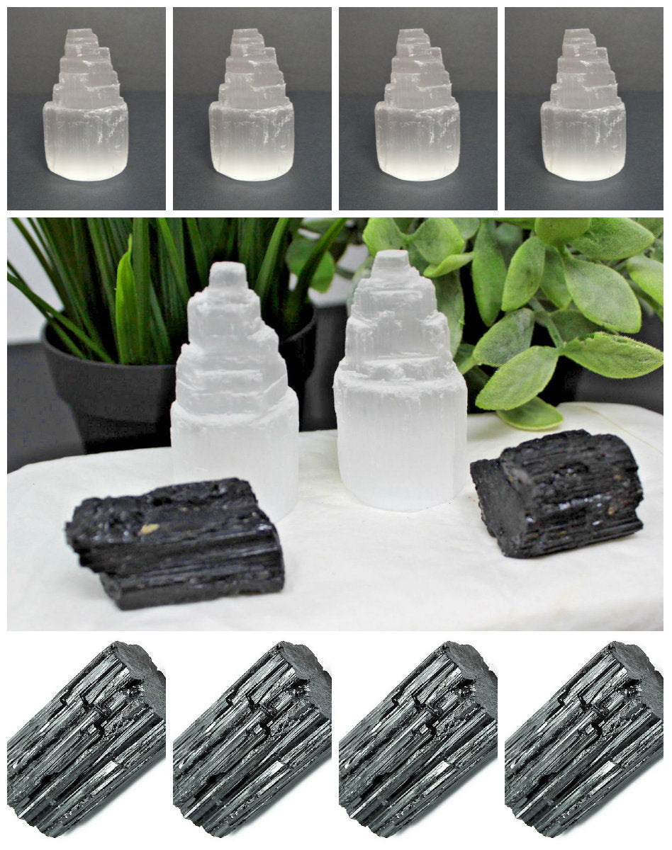 Full Home Protection Kit 4 Selenite Towers, 4 Extra Grade Black Tourmaline Logs