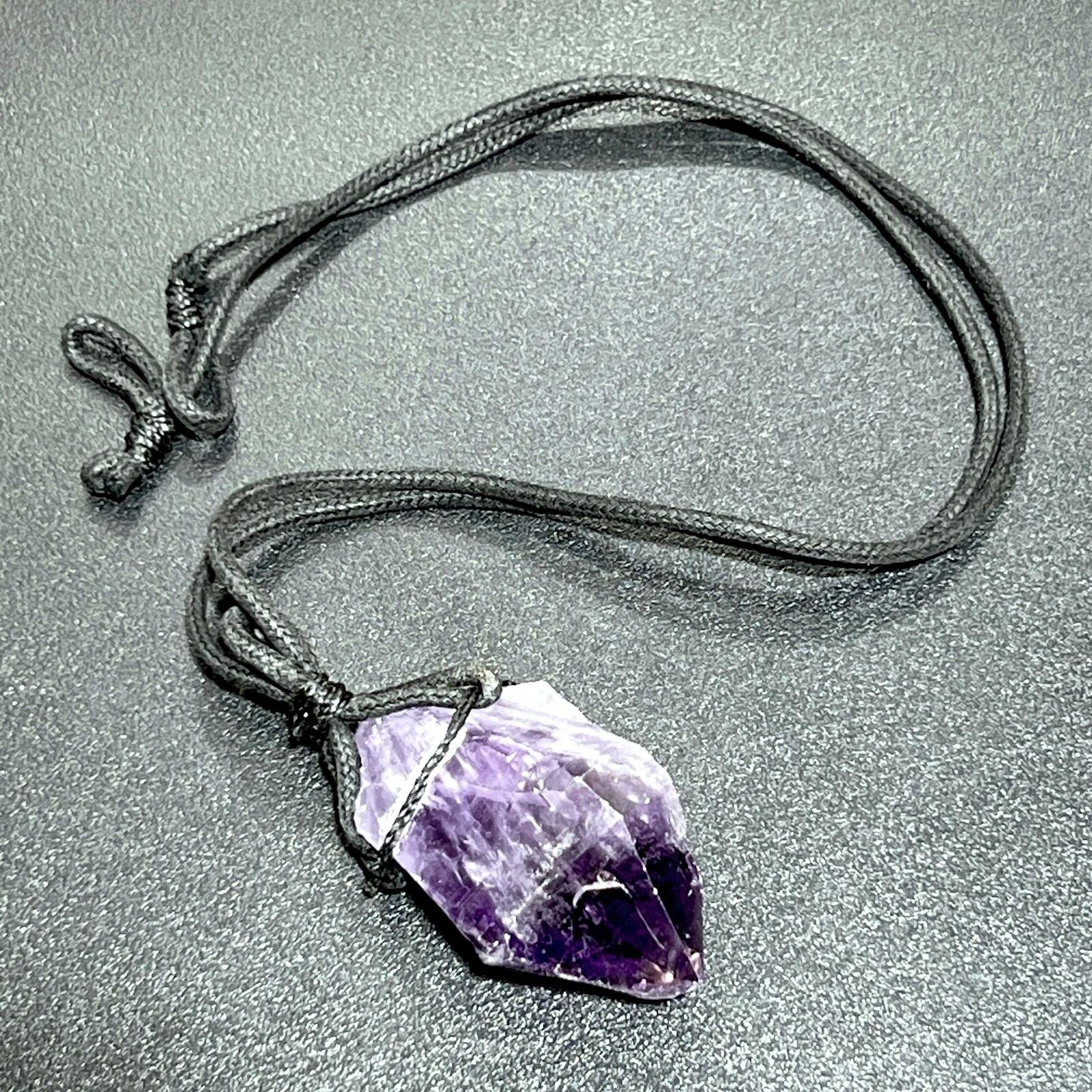 Large Dark Amethyst Crystal Raw Point Necklace (24 Inch Black Cord) Pendant