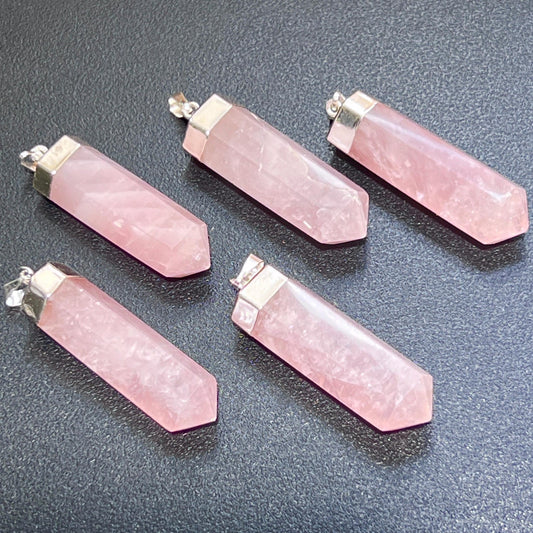 Pink Rose Quartz Crystal Point Pendant (Silver Plated) Faceted Gemstone Jewelry