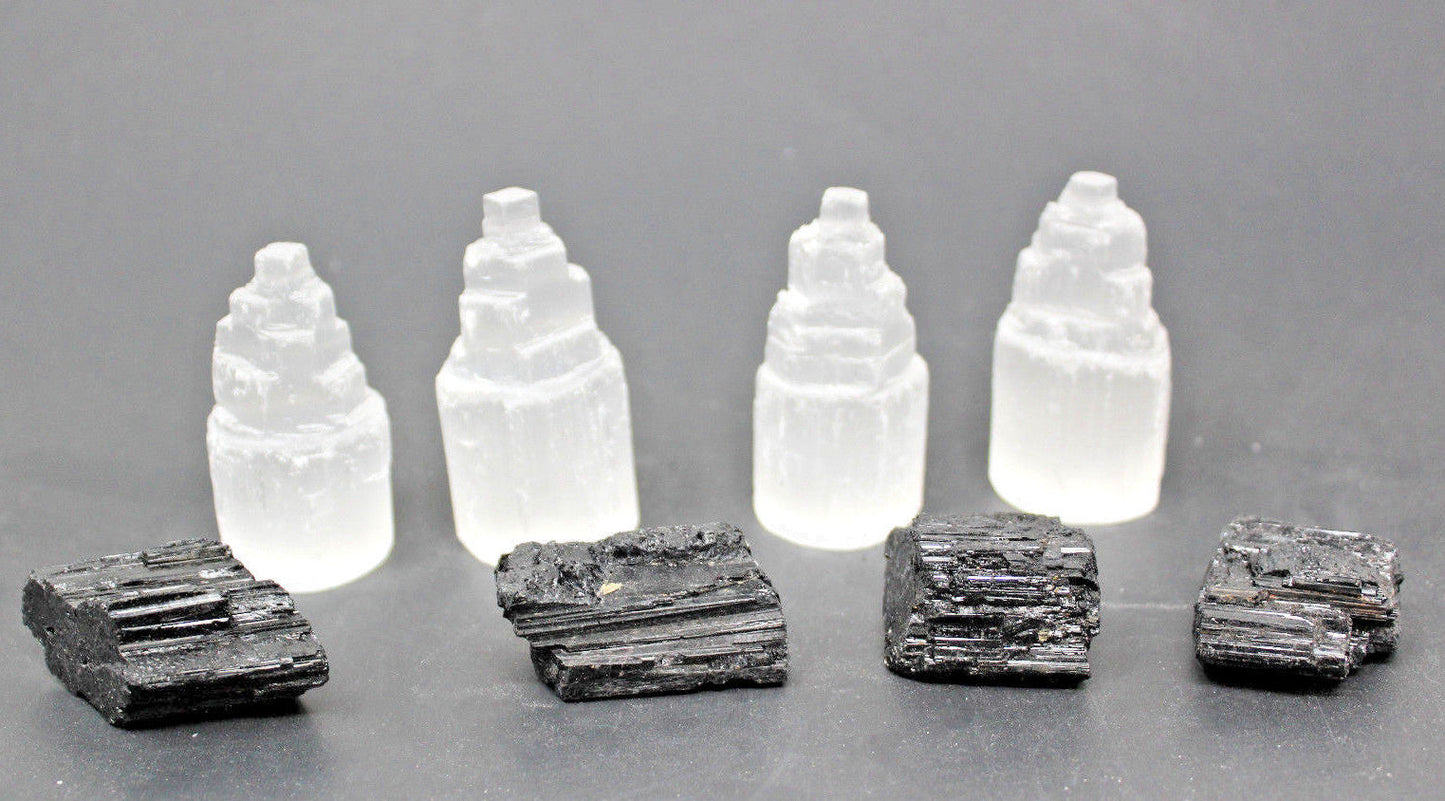 Full Home Protection Kit 4 Selenite Towers, 4 Extra Grade Black Tourmaline Logs