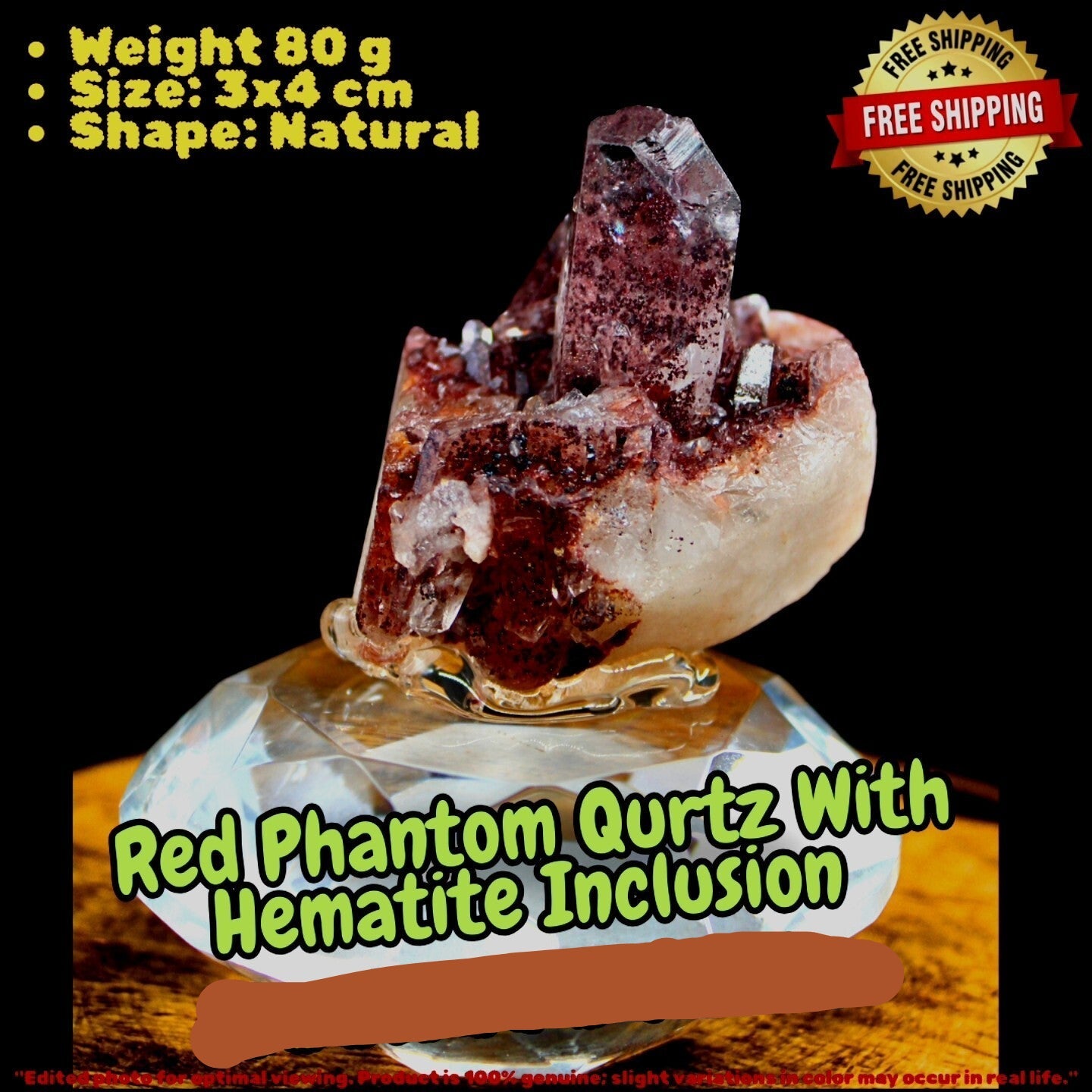 Rare Red Phantom Quartz on Matrix Mineral Specimen Crystal Cluster Collectible