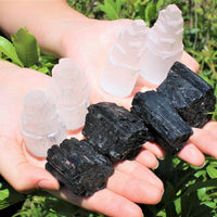Full Home Protection Kit 4 Selenite Towers, 4 Extra Grade Black Tourmaline Logs