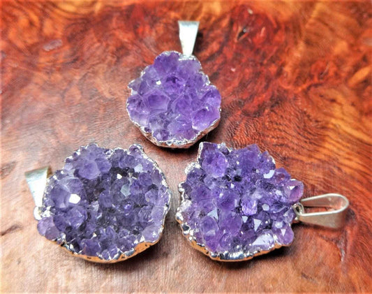Amethyst Druzy Crystal Pendant (Silver Plated Edges) Petite Purple Jewelry Charm