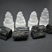 Full Home Protection Kit 4 Selenite Towers, 4 Extra Grade Black Tourmaline Logs