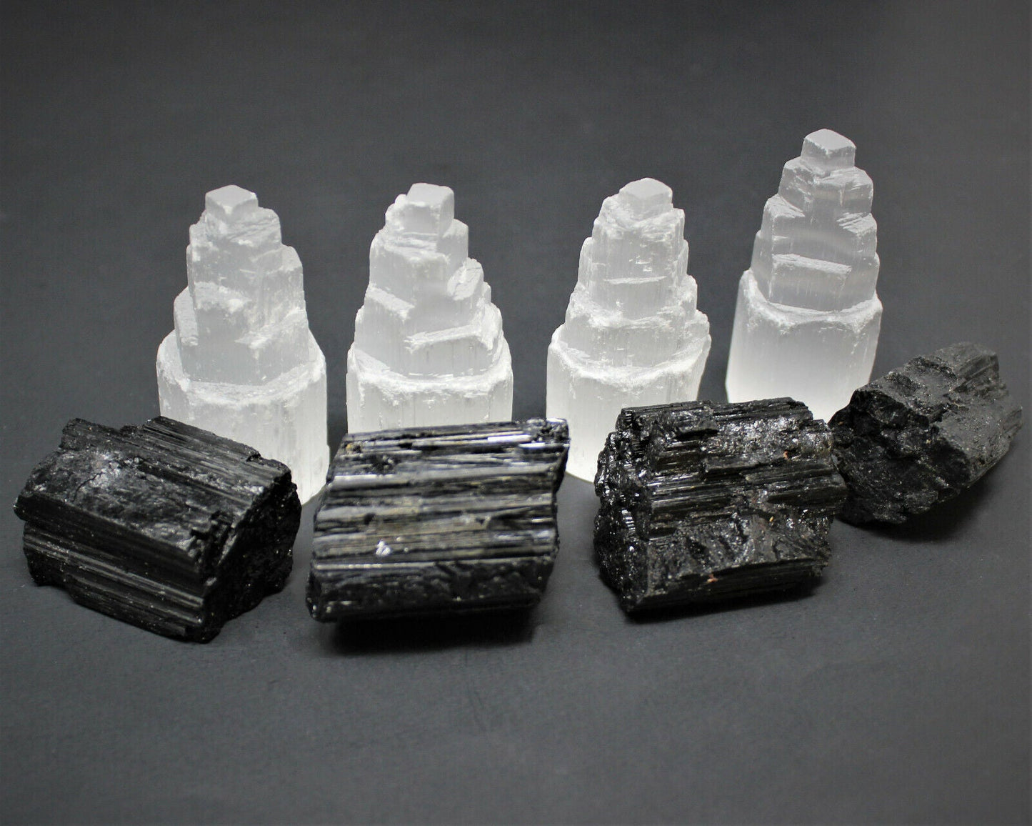 Full Home Protection Kit 4 Selenite Towers, 4 Extra Grade Black Tourmaline Logs