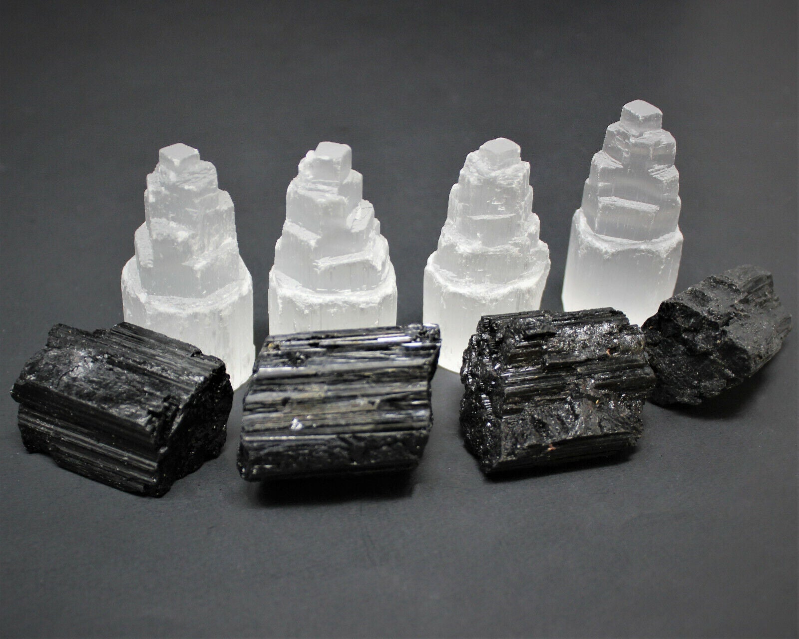Full Home Protection Kit 4 Selenite Towers, 4 Extra Grade Black Tourmaline Logs