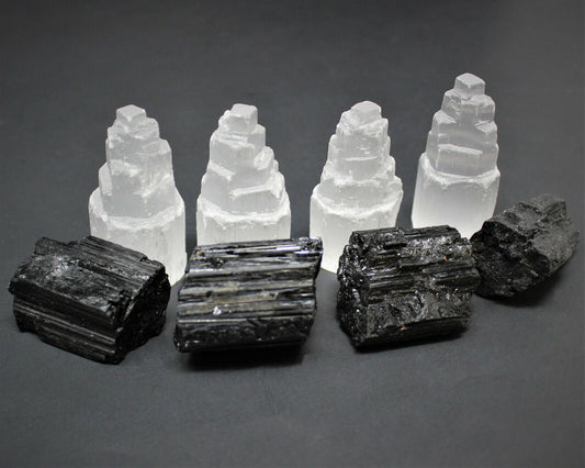 Full Home Protection Kit 4 Selenite Towers, 4 Extra Grade Black Tourmaline Logs