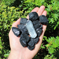 1/4 lb Black Tourmaline Raw Rough Stones + LARGE Clear Quartz Crystal Point 4 oz