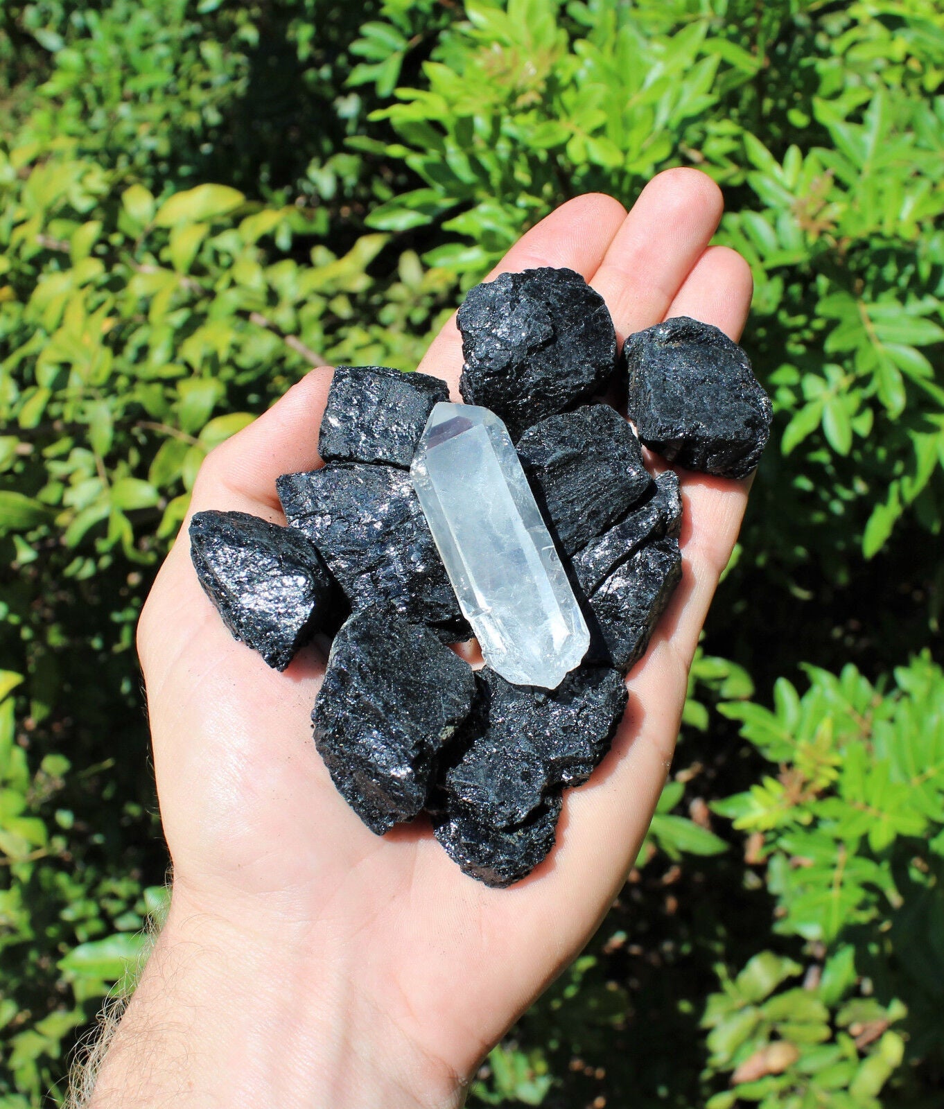 1/4 lb Black Tourmaline Raw Rough Stones + LARGE Clear Quartz Crystal Point 4 oz