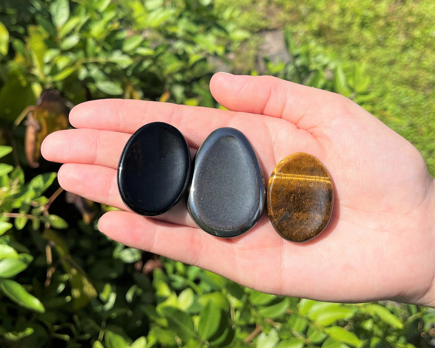 Triple Protection Worry Stone Set - Gold Tiger Eye, Black Obsidian & Hematite