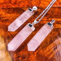Pink Rose Quartz Crystal Point Pendant (Silver Plated) Faceted Gemstone Jewelry