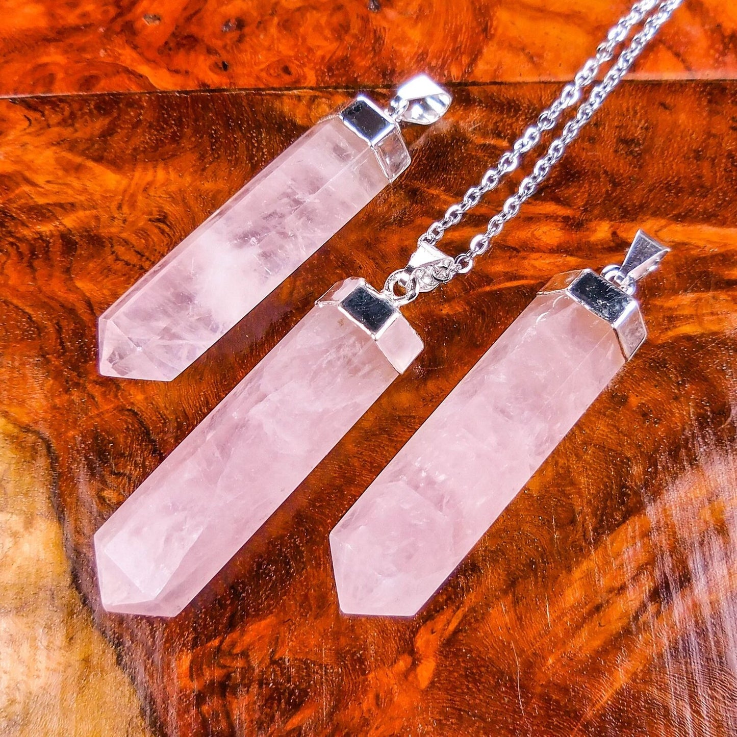 Pink Rose Quartz Crystal Point Pendant (Silver Plated) Faceted Gemstone Jewelry