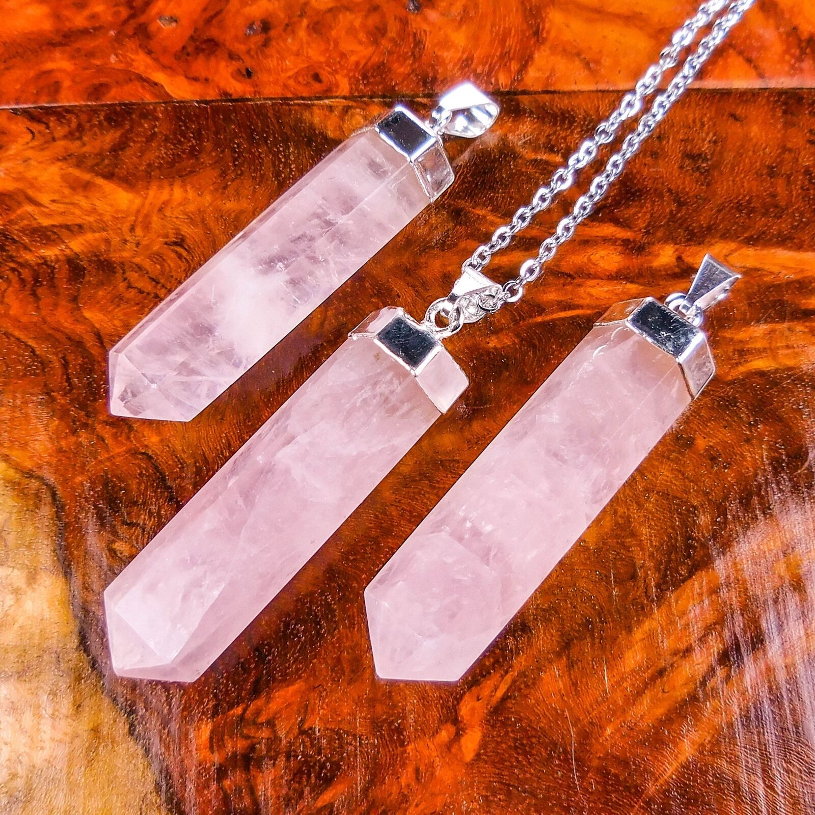 Pink Rose Quartz Crystal Point Pendant (Silver Plated) Faceted Gemstone Jewelry
