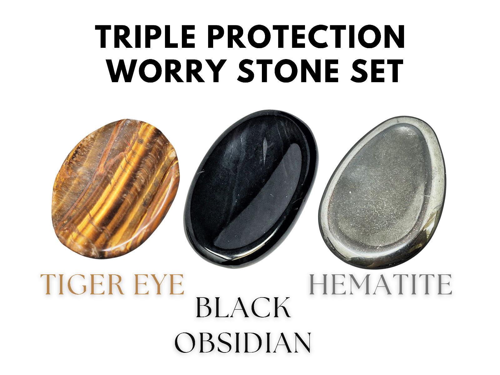 Triple Protection Worry Stone Set - Gold Tiger Eye, Black Obsidian & Hematite