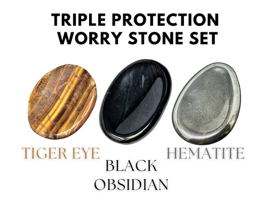 Triple Protection Worry Stone Set - Gold Tiger Eye, Black Obsidian & Hematite