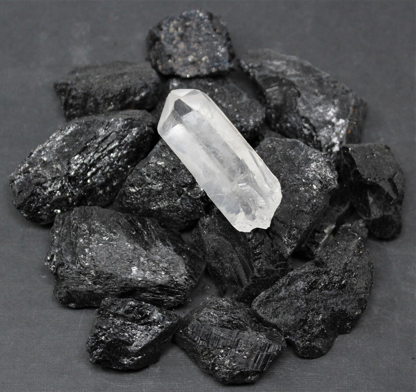 1/4 lb Black Tourmaline Raw Rough Stones + LARGE Clear Quartz Crystal Point 4 oz