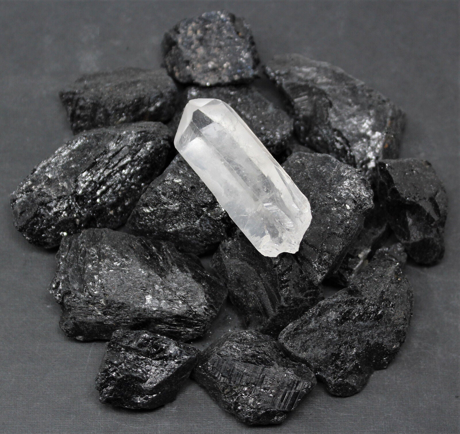 1/4 lb Black Tourmaline Raw Rough Stones + LARGE Clear Quartz Crystal Point 4 oz
