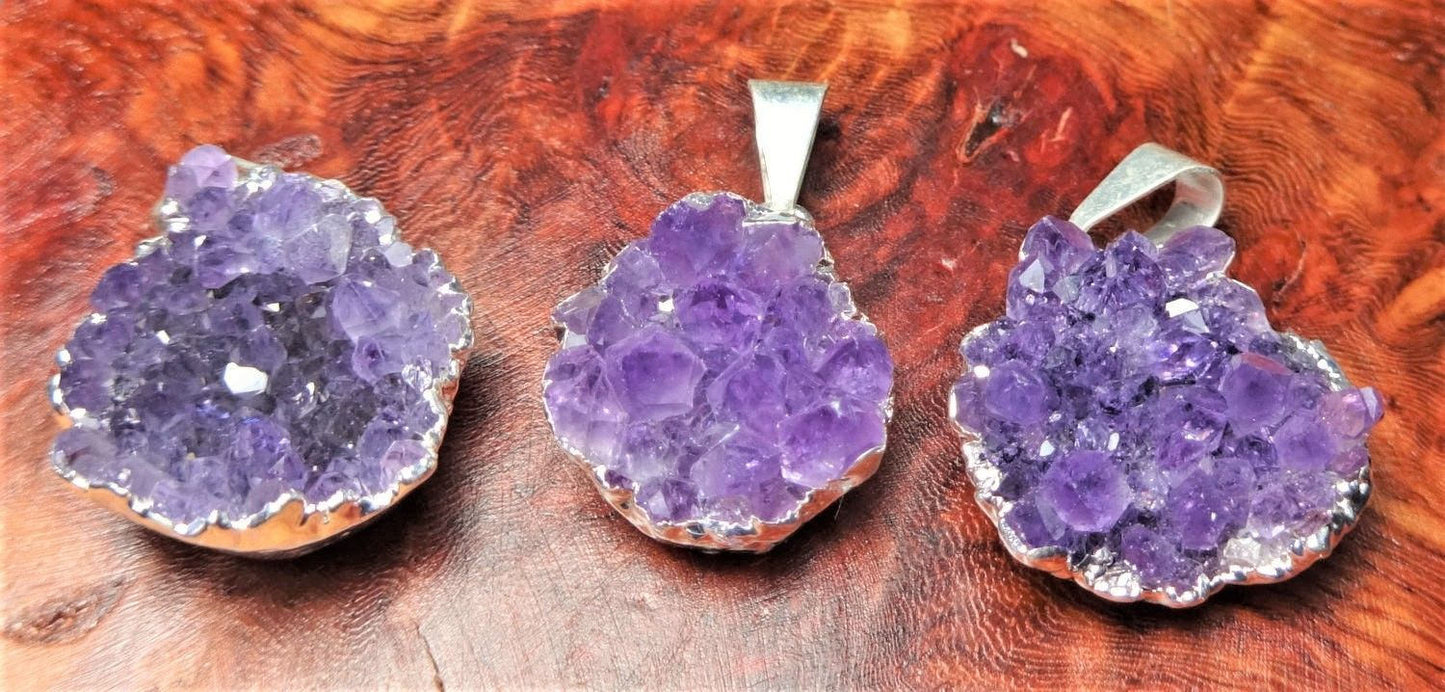 Amethyst Druzy Crystal Pendant (Silver Plated Edges) Petite Purple Jewelry Charm