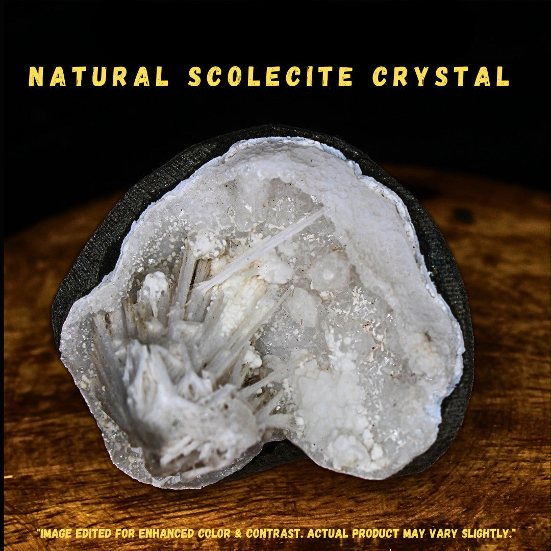 100g Scolecite Spray on MM Quartz Geode Rare Mineral Specimen India