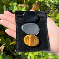 Triple Protection Worry Stone Set - Gold Tiger Eye, Black Obsidian & Hematite