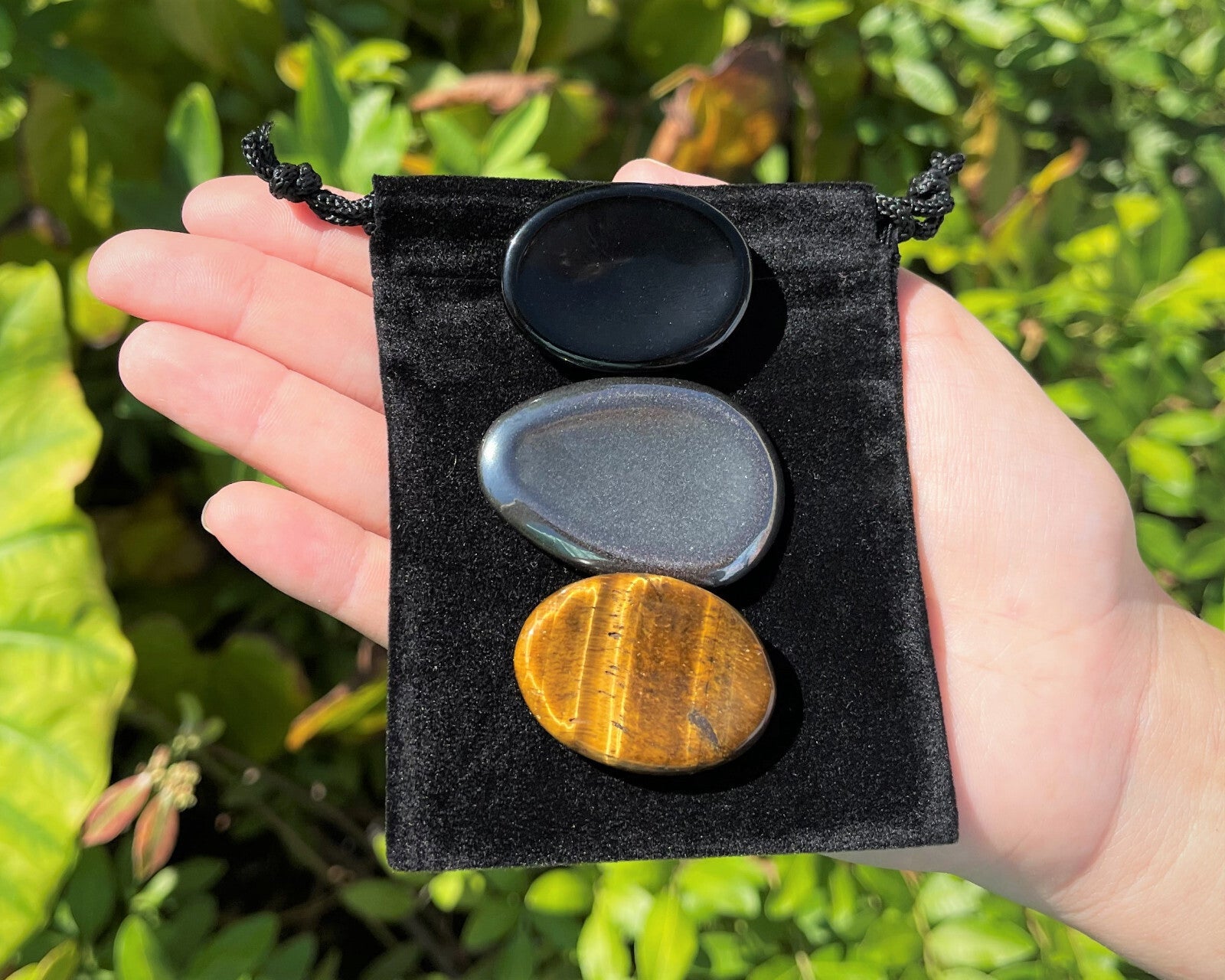 Triple Protection Worry Stone Set - Gold Tiger Eye, Black Obsidian & Hematite