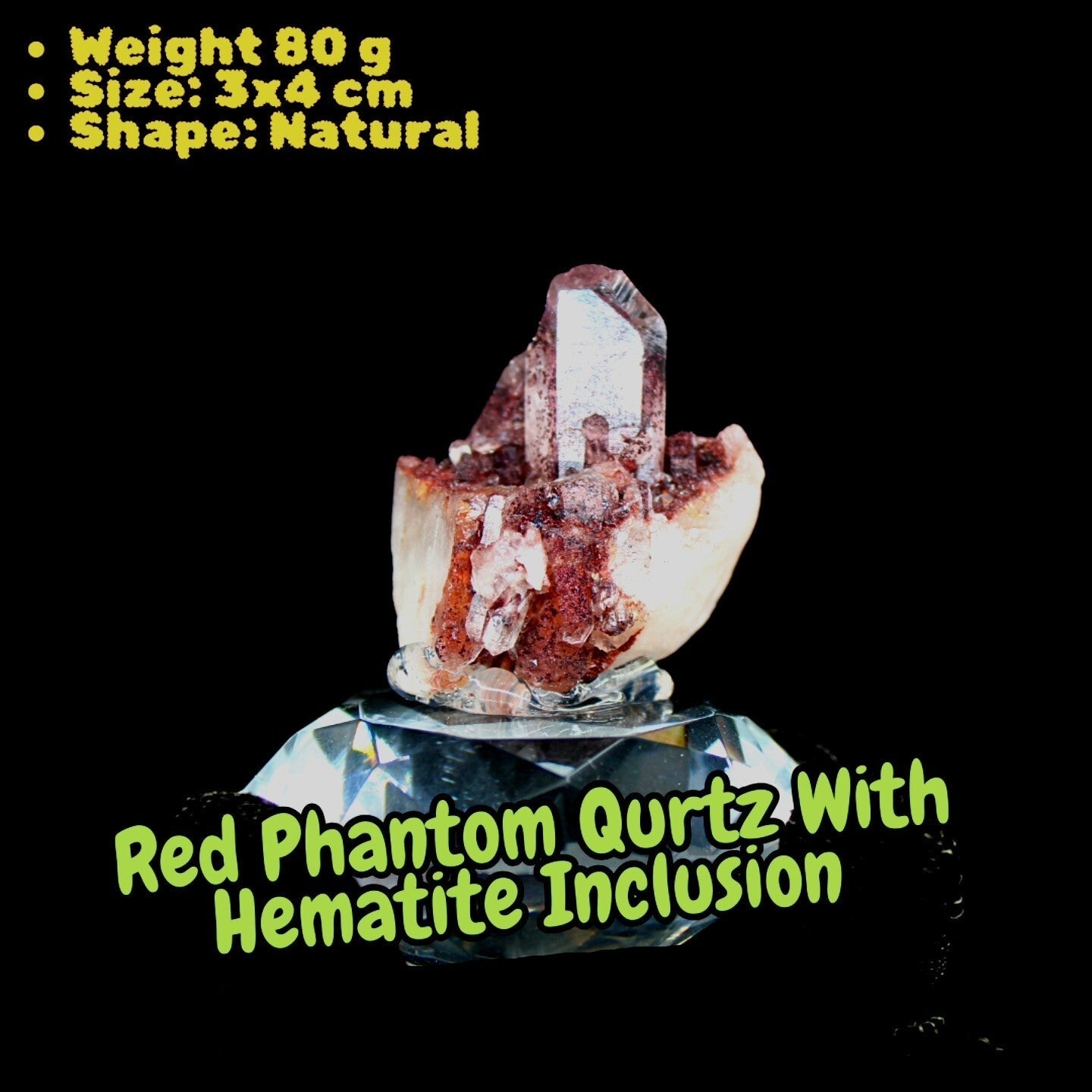 Rare Red Phantom Quartz on Matrix Mineral Specimen Crystal Cluster Collectible