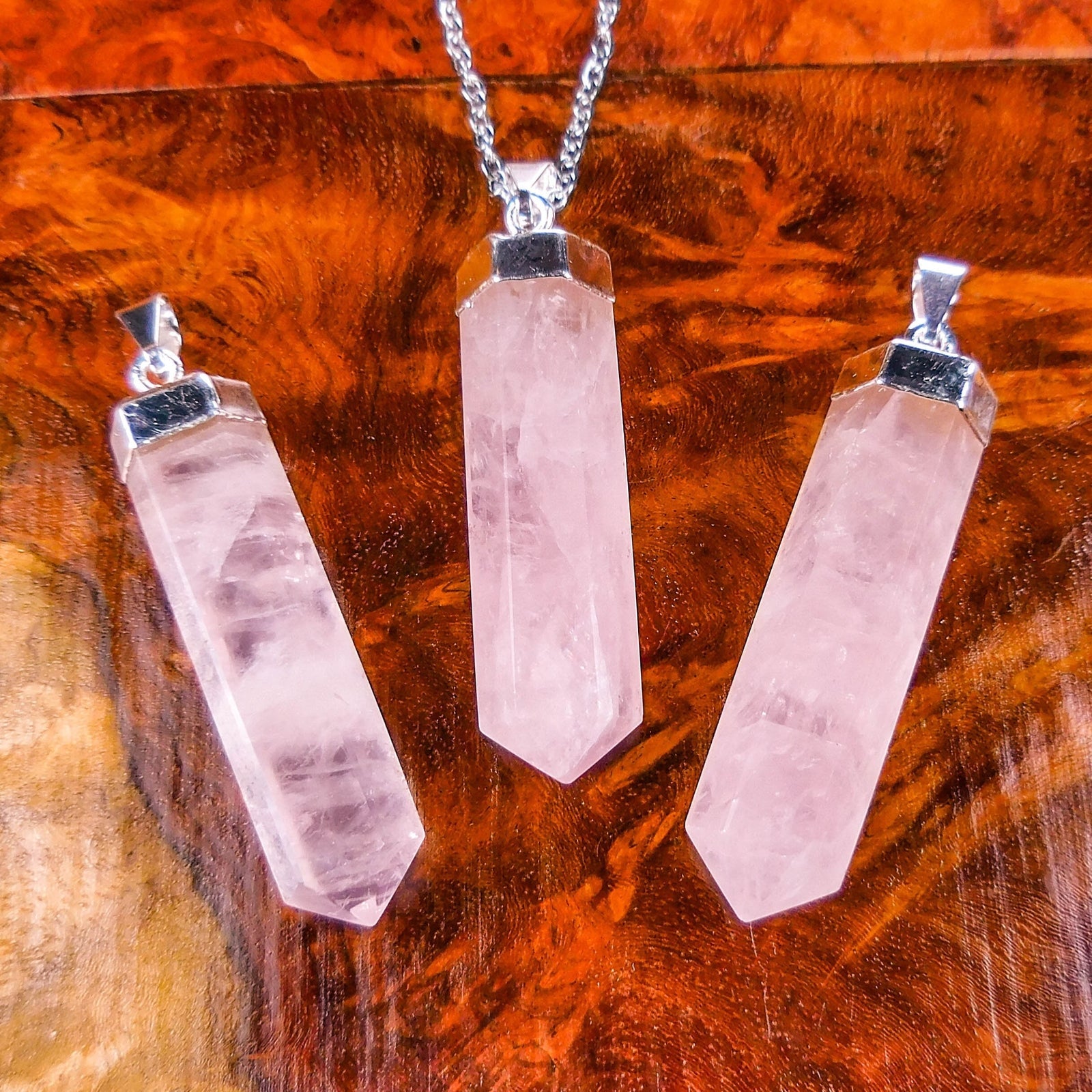 Pink Rose Quartz Crystal Point Pendant (Silver Plated) Faceted Gemstone Jewelry