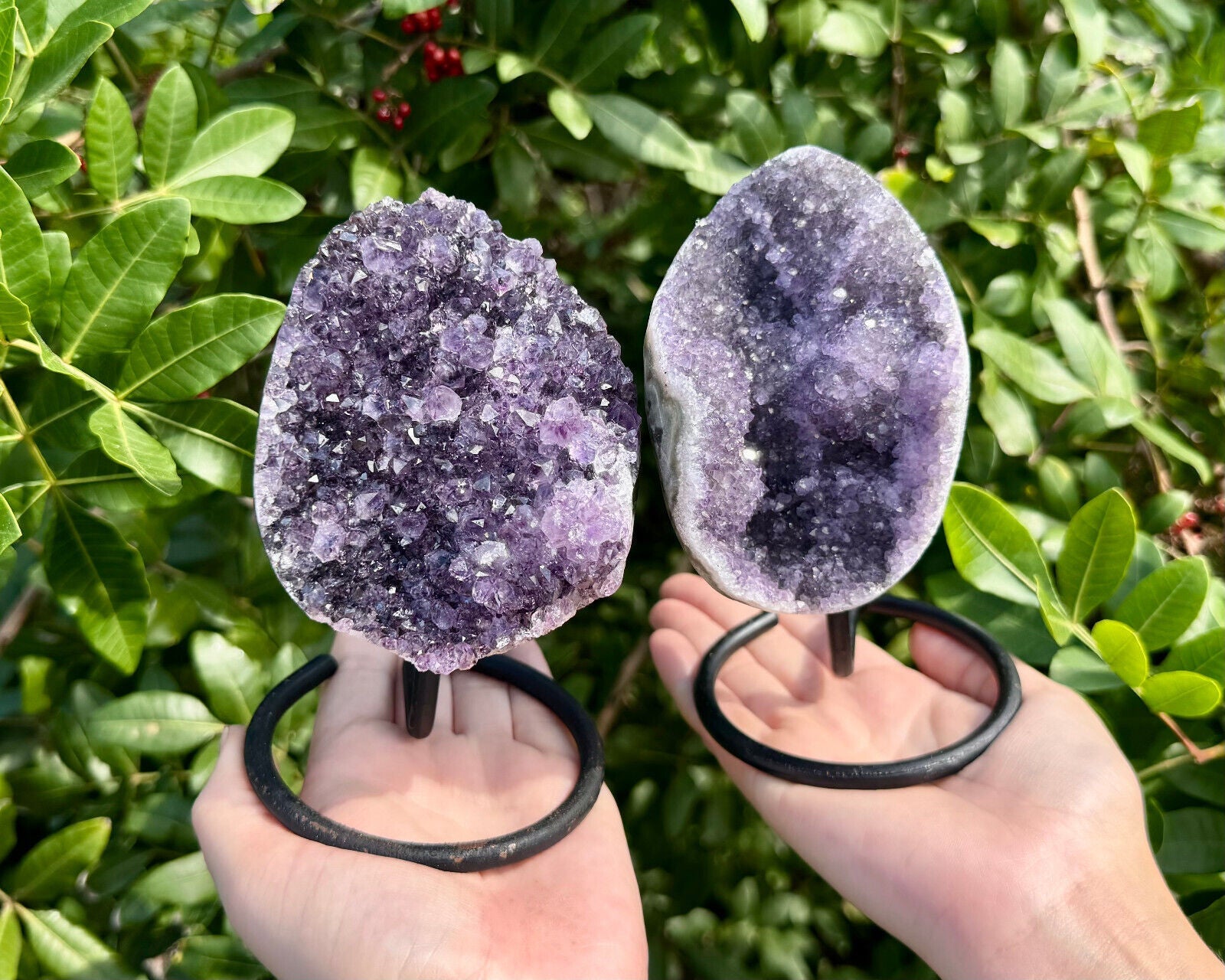 Amethyst Crystal Geodes On Metal Stands - Natural Amethyst Cluster Specimens