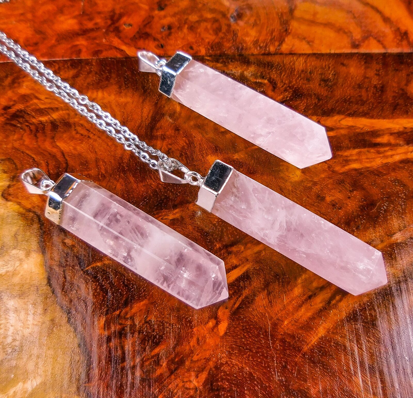 Pink Rose Quartz Crystal Point Pendant (Silver Plated) Faceted Gemstone Jewelry