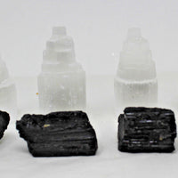 Full Home Protection Kit 4 Selenite Towers, 4 Extra Grade Black Tourmaline Logs
