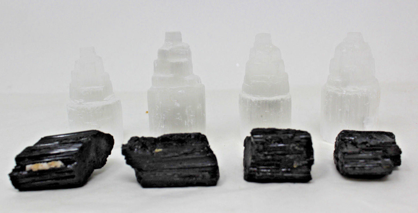 Full Home Protection Kit 4 Selenite Towers, 4 Extra Grade Black Tourmaline Logs