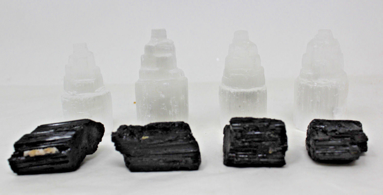 Full Home Protection Kit 4 Selenite Towers, 4 Extra Grade Black Tourmaline Logs